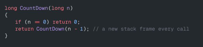 long CountDown(long n)
{
if (n == 0) return 0;
return CountDown(n - 1); // a new stack frame every call
}